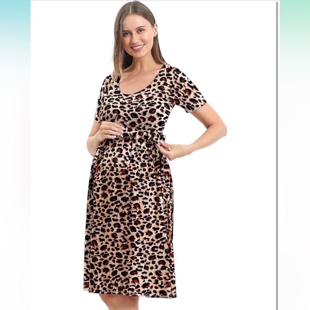 Leopard Print Maternity Casual Swing Dress Pregnancy Knee Length with Belt (M)